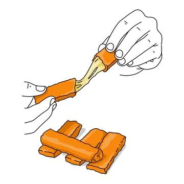 A hand is holding a piece of crispy fried chicken nugget with melted cheese insi Stock Illustration
