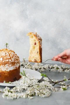 Hand holding piece of Easter cake on dessert spatula Stock Photos
