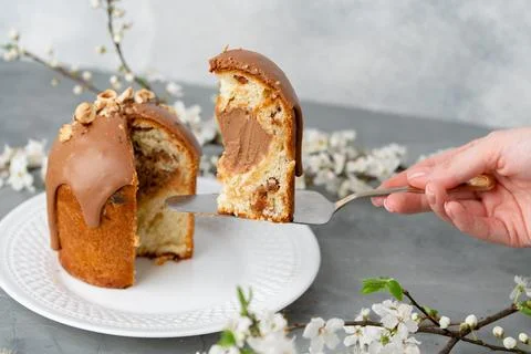 Hand holding piece of Easter cake on dessert spatula Stock Photos