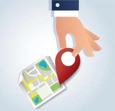 Hand holding pin icon on map, red locatin icon Stock Illustration
