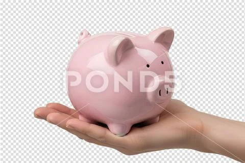 Hand holding pink ceramic piggy bank isolated on transparent background PSD Template