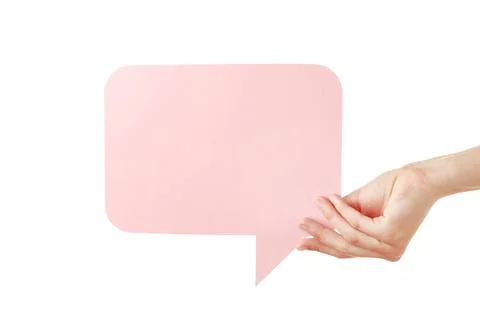 Hand holding an pink empty speech bubble isolated on white background Stock Photos