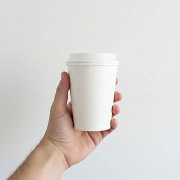 A hand holding a plain white disposable cup mockup Stock Photos