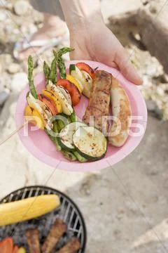 Hand holding plate of grilled food Stock Photos