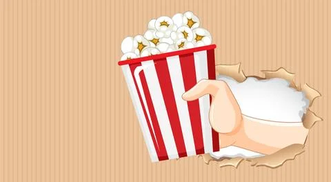 Hand Holding Popcorn Through Torn Paper Stock Illustration