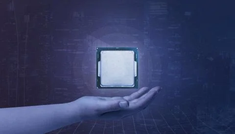 Hand holding processor. Concept of growth technology development and use in b Stock Photos