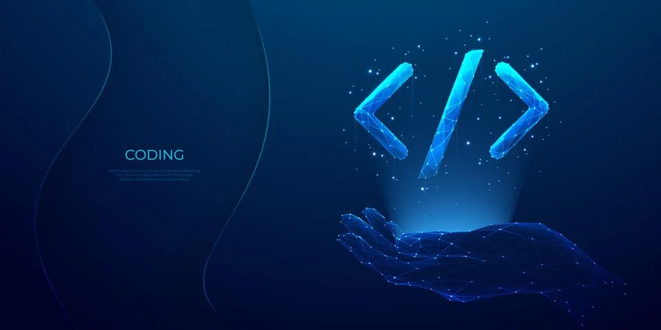 Hand holding programming code symbol in futuristic light blue style Stock Illustration