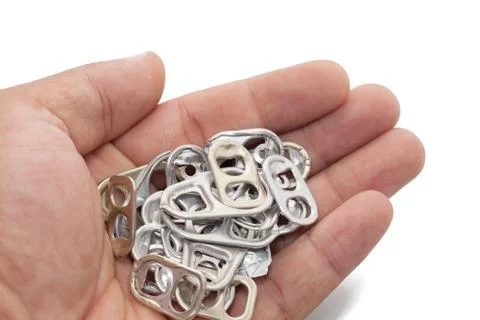 Hand holding pull cap of can on white background Stock Photos