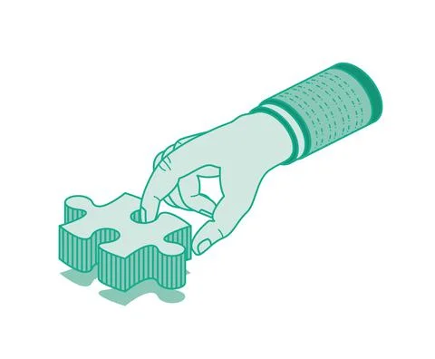 Hand Holding Puzzle. Outline Isometric Concept. Business Solution. Stock Illustration