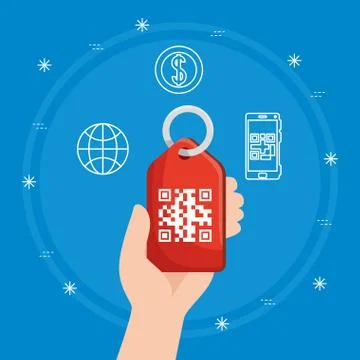 Hand holding qr code label and icons vector design Stock-Illustration