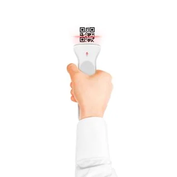 Hand holding qr code scanner isolated. Barcode scan technology. Foto stock