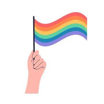 Hand holding rainbow flag. Cute cartoon symbol of LGBT Pride month. Vector .. Stock Illustration