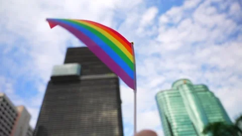 Hand holding rainbow pride flag in front of city skyscrapers during Pride parade Stock Footage 316523767