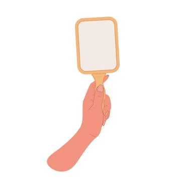 Hand holding rectangular shaped yellow mirror.Flat cartoon illustration Stock Illustration