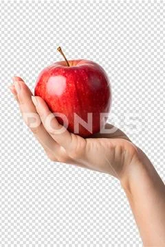 Hand holding red apple, fresh fruit isolated on transparent background PSD-sjabloon