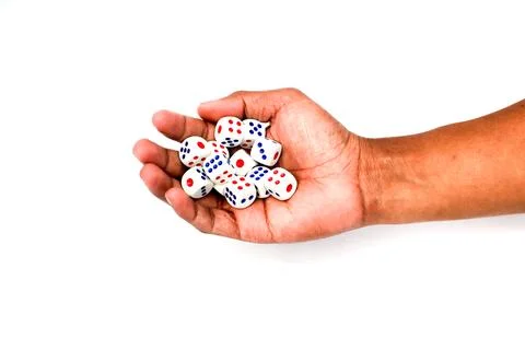 Hand Holding Red Blue Dice Game Accessories Isolated White Background Studi.. Stock Photos