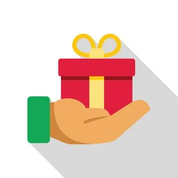 Hand holding red gift box with yellow ribbon, giving, receiving, or sharing.. Stock Illustration