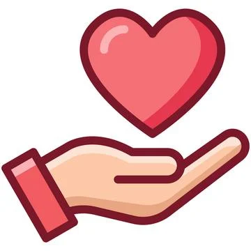Hand holding red heart flat icon with thick outline. Stock Illustration