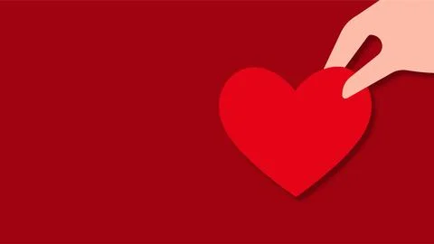 Hand holding a red heart shape illustration on a dark red background for ch.. Stock Illustration