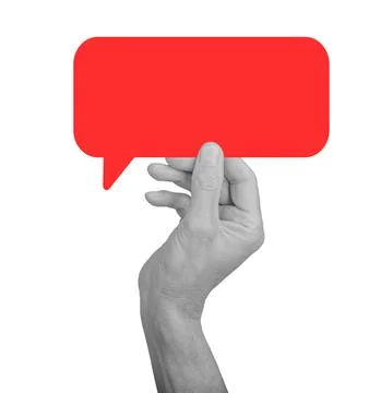 Hand holding red speech bubble with negative feedback, rejection and refusal. Foto stock