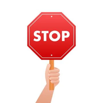 Hand holding red stop sign on white background Illustrazione stock