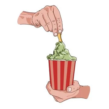 A hand holding a red stripes cup of green matcha ice cream Stock Illustration