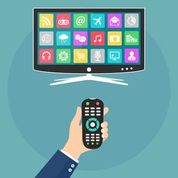 Hand holding remote control and smart tv with apps icons on screen Ilustración de archivo