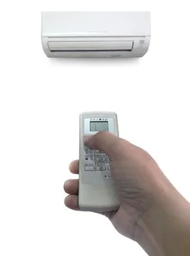 Hand holding the remote control to control the air conditioning isolated on w Stock Photos