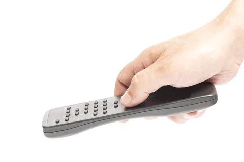 Hand holding remote control isolated on white background Stock Photos