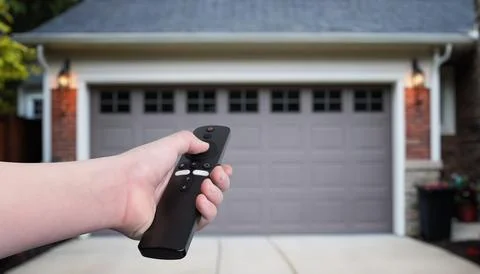 Hand holding a remote control, opening or closing garage doors Stock Photos
