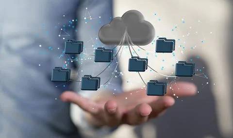 Hand holding a render of a cloud with connected data files Stock Photos