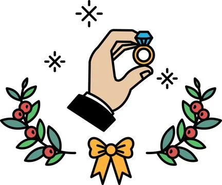 A hand holding a ring with a wreath in the background Illustrazione stock