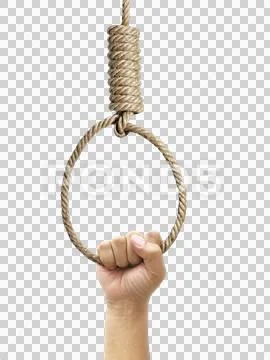 Hand holding rope noose with hangman's knot hanging, transparent