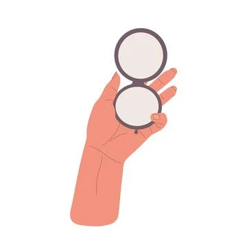 Hand holding round and small pocket mirror.Flat illustration Stock Illustration