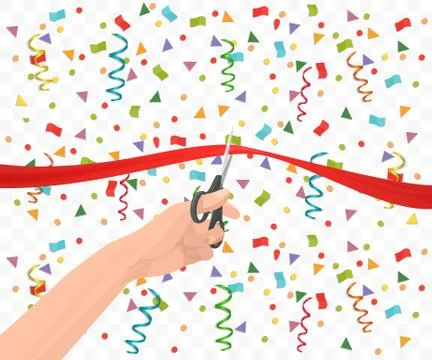 Hand holding scissors and cutting red ribbon on the transperant background with Stock-Illustration