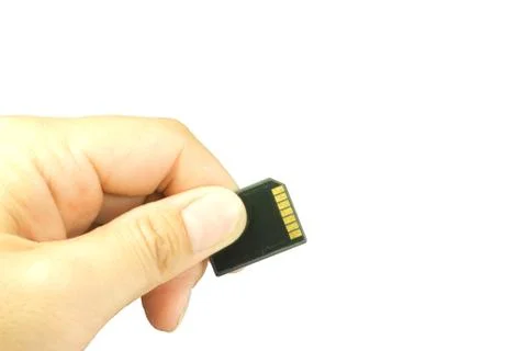 Hand holding a sd memory card  on a white background Stock Photos