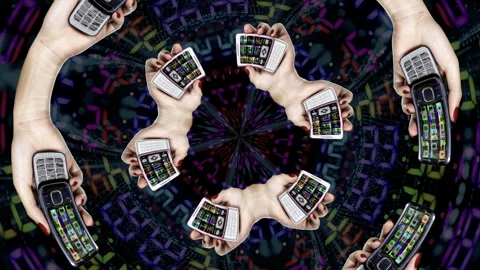 Hand holding a sequence of old mobile phones abstract pattern Stock Footage 321649489