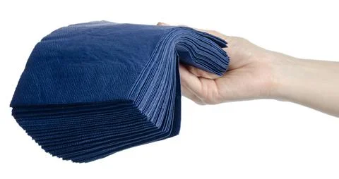 Hand holding serving paper blue napkins Stock Photos