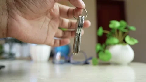 Hand holding a set of keys with a blurred background of plants and glasses Stock Footage 317131631