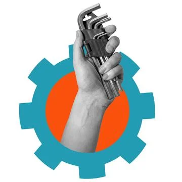 Hand holding a set of tools with a gear shape in the background on a white .. Stock Photos