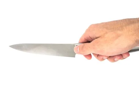 Hand holding a sharp gray knife isolated on white background. Kitchen knife 库存照片