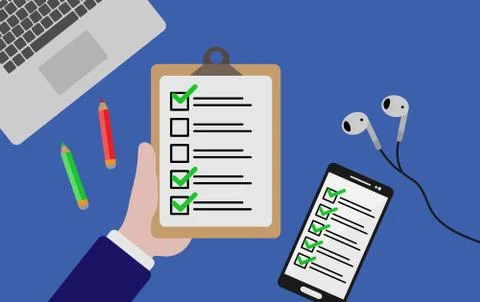 Hand holding a sheet with a questionnaire or vote. On the screen of the smart Stock Illustration