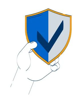 Hand holding shield symbol with checkmark doodle cartoon illustration Stock Illustration