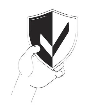 Hand holding shield symbol with checkmark doodle outline illustration Illustrazione stock