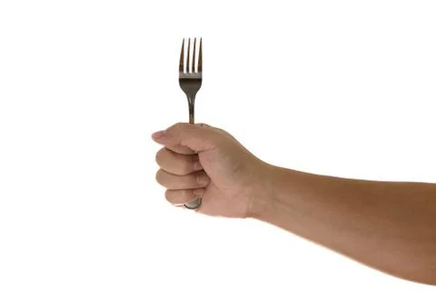 Hand holding a silver fork  isolated on white 스톡 사진