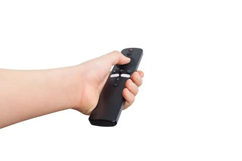 Hand holding a simple remote control with minimal buttons, isolated Stock Photos
