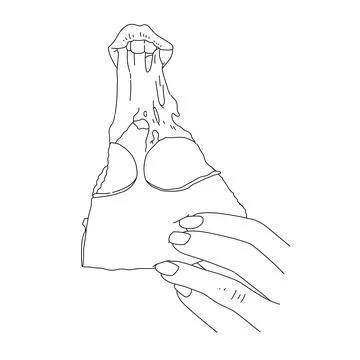 A hand holding a slice of bitten papperoni pizza with red lipstick coloring book Stock Illustration