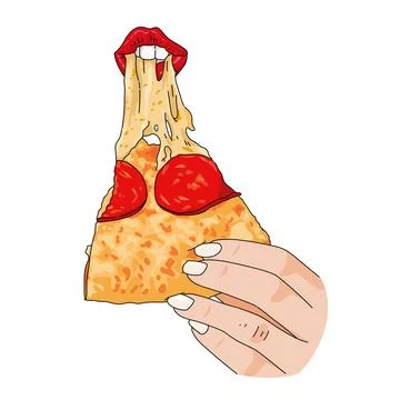 A hand holding a slice of bitten papperoni pizza with red lipstick illustration Illustration