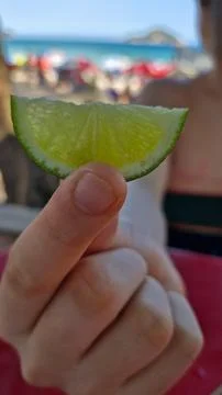 Hand holding a slice of lemon on the beach Stock Photos
