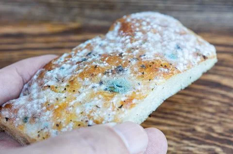 A hand holding a slice of moldy bread over a wooden background Stock Photos